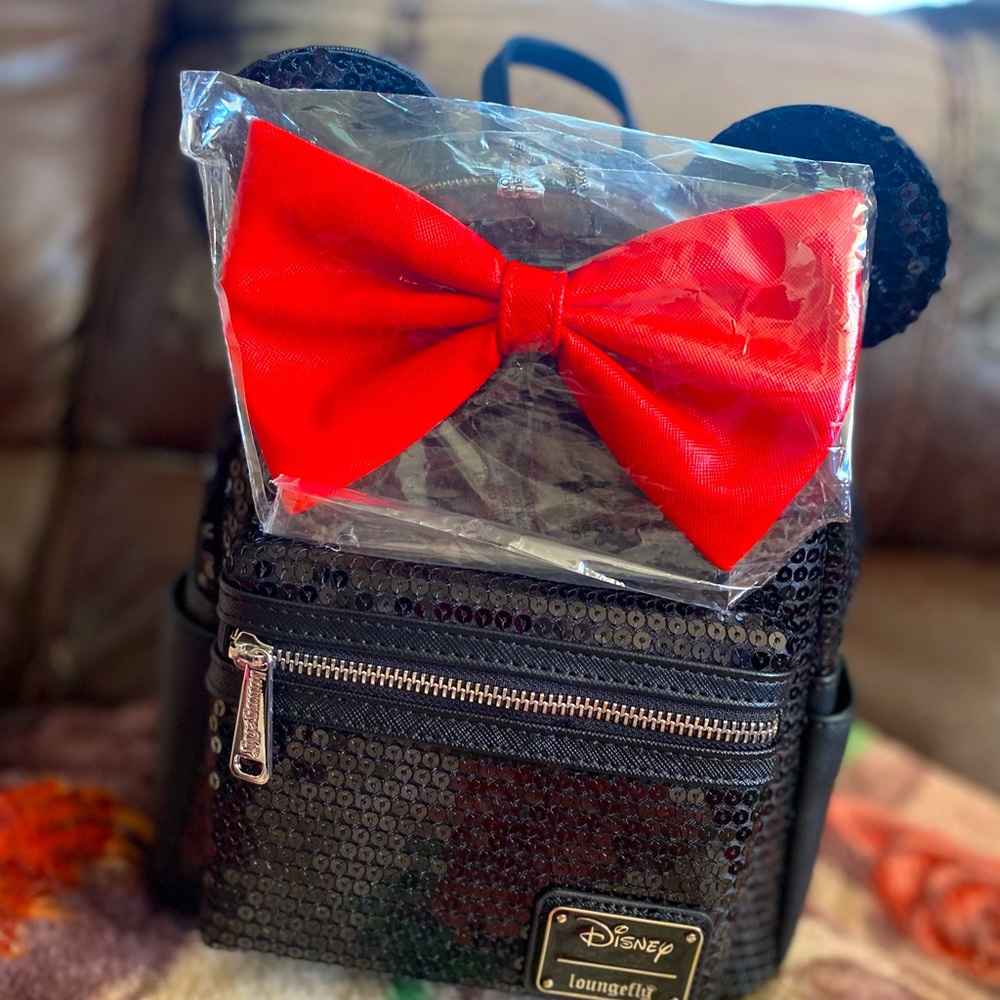 NWT black sequin Loungefly with big red bow backpack! RARE